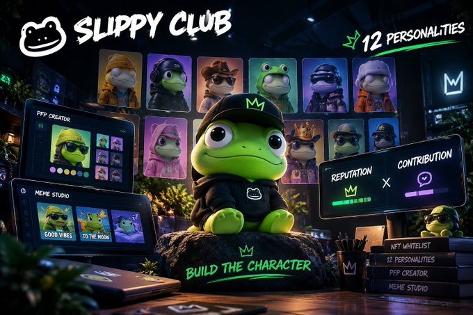 A promotional image for 'Slippy Club' featuring a green frog character in a hoodie and cap, advertising '12 Personalities', an NFT whitelist, PFP creator, and meme studio.