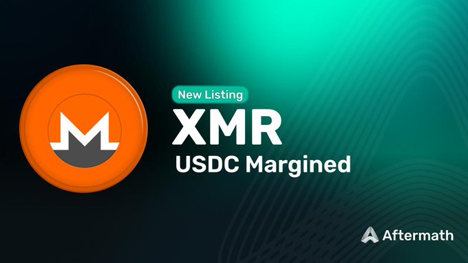 A promotional graphic announcing the new listing of XMR (Monero) USDC-margined perpetual futures on Aftermath Finance. The image features Monero's orange "M" logo alongside a "New Listing" badge, with the Aftermath Finance branding visible in the bottom right corner.