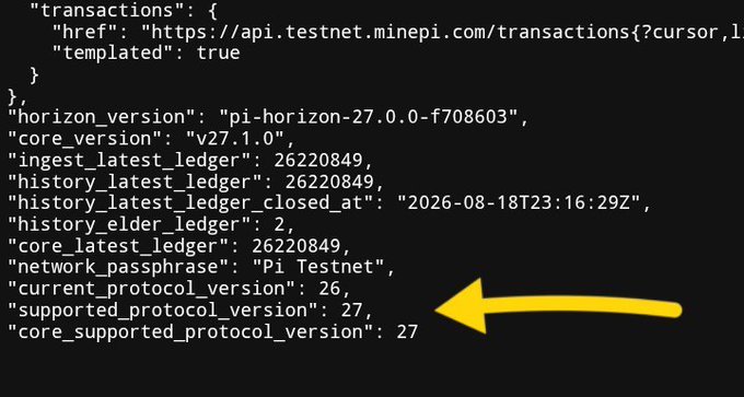 A screenshot of code or configuration data displays JSON keys including 'horizon_version', 'core_version', and 'current_protocol_version': 26, with a yellow arrow pointing to 'supported_protocol_version': 27.