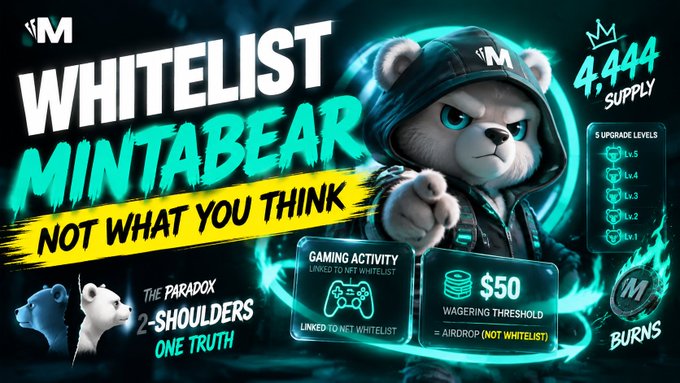 A promotional graphic for "MintABear" features an animated bear mascot in a hoodie and announces a 4,444 supply whitelist, noting "whitelisting is for what you think, the paradox 2-shoulders one truth." It outlines that gaming activity is linked to NFT whitelist eligibility, separate from the $50 wagering threshold required for the initial MNTD airdrop.