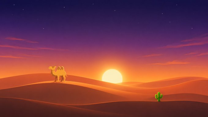 A serene desert landscape at sunset featuring a silhouetted camel on sand dunes, a bright sun, and a small green cactus in the distance.