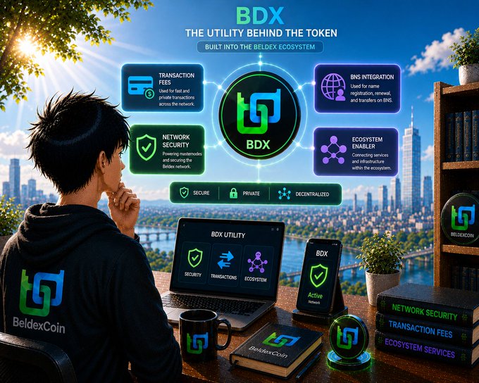 Promotional graphic for BDX token, titled 'BDX THE UTILITY BEHIND THE TOKEN BUILT INTO THE BELDEX ECOSYSTEM', highlighting features like Transaction Fees, Network Security, BNS Integration, and Ecosystem Enabler alongside a man at a desk with BeldexCoin merchandise.