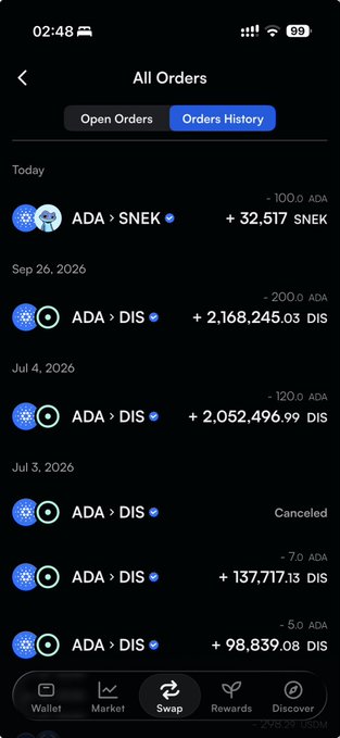 A mobile app screenshot titled 'All Orders' shows cryptocurrency swap history, including trades between ADA (Cardano), SNEK, and DIS tokens, with dates ranging from 2026.