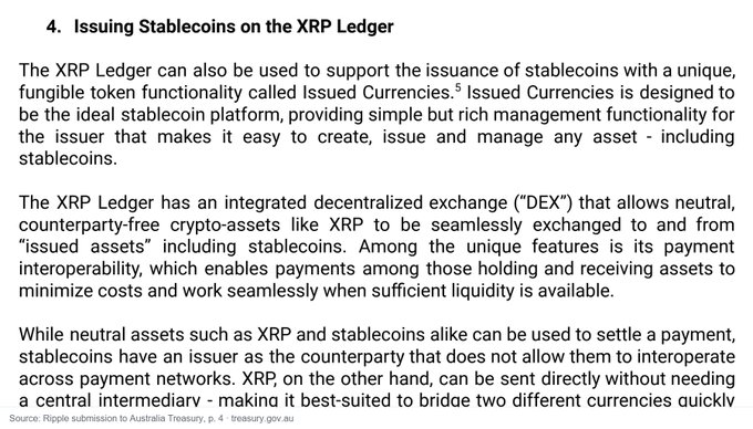 The image displays a section from a Ripple submission to Australia's Treasury, titled "Issuing Stablecoins on the XRP Ledger," detailing how the XRP Ledger's Issued Currencies feature supports stablecoin issuance with built-in management functionality, while also highlighting its integrated decentralized exchange (DEX) for seamless asset exchanges—directly supporting the post's description of Ripple making its technical case to Australian regulators.