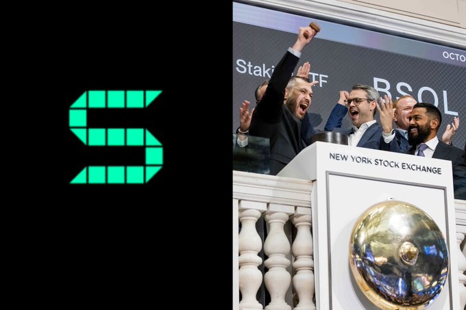 The image shows the Solana logo and a group of men celebrating at the New York Stock Exchange, likely marking a significant milestone for the Solana blockchain and its ticker symbol BSOL.