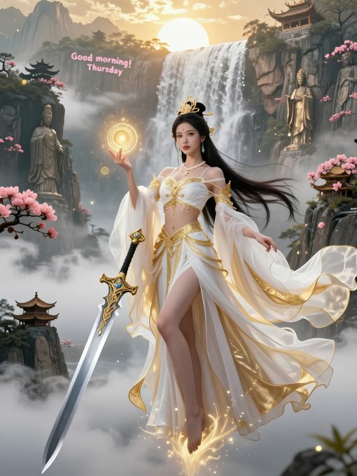 A fantasy illustration of a woman in flowing white and gold robes holding a glowing orb and a large sword, set against a backdrop of waterfalls, mountains, and cherry blossoms, with the text 'Good morning! Thursday' in pink.