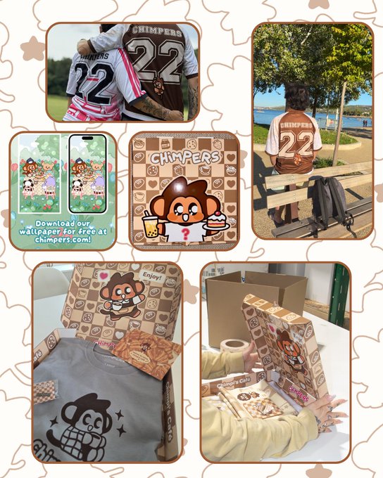A collage showcasing CHIMPERS brand merchandise including jerseys with the number 22, a collectible figurine, phone cases, and various boxes featuring the chimpanzee mascot.