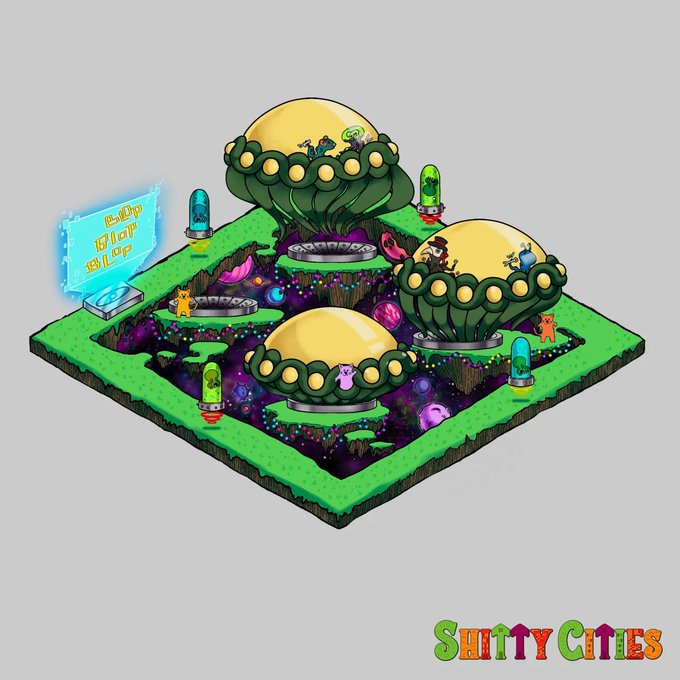 A colorful, isometric pixel-art illustration labeled "Shitty Cities" showing mushroom-like structures and creatures on a floating green tile.