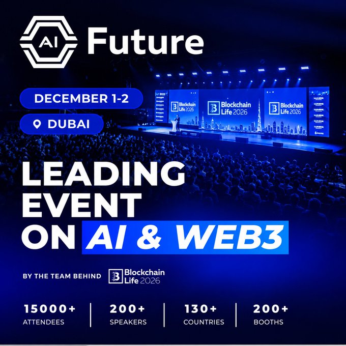 Promotional poster for the AI Future Forum, announced as “the leading event on AI & Web3,” taking place in Dubai on December 1–2 as part of Blockchain Life 2026. It highlights the global debut and scale—15,000+ attendees, 200+ speakers, 130+ countries, and 200+ booths—with the event website shown as bitcoincom.