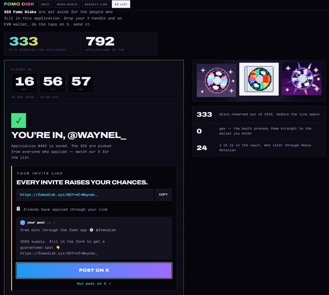 A webpage for 'FOMO DISKS' shows a user's application status with a green checkmark saying 'YOU'RE IN, @WAYNE_L' and an invite link.