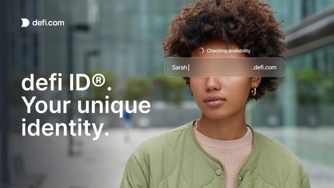 The image displays an advertisement for "defi ID®" by defi.com, featuring a person with a search bar overlay checking availability for a username "Sarah" with a "Checking availability" status indicator. The tagline reads "defi ID®. Your unique identity." alongside text promoting the platform as a unified self-custodial account solution, visually reinforcing the post's message about simplifying the fragmented crypto experience into a single, manageable identity.