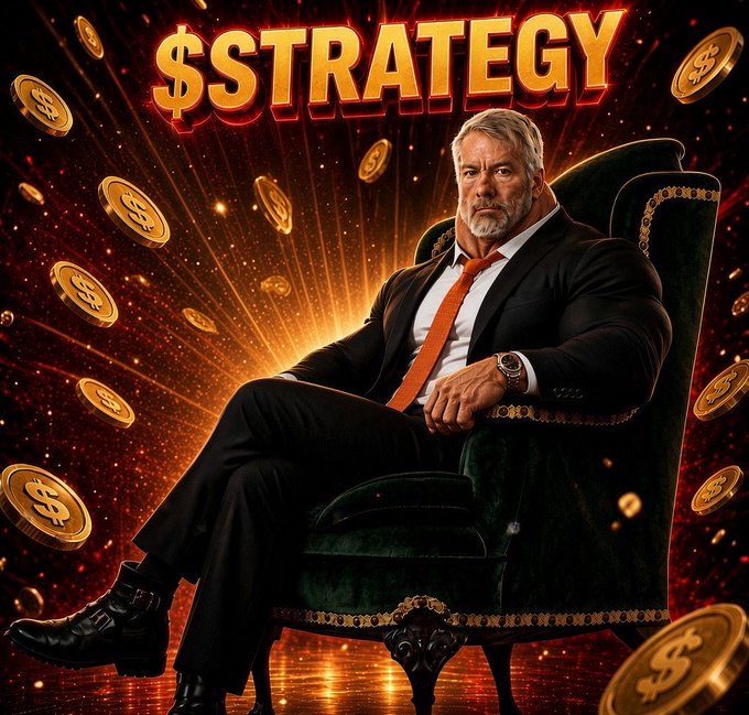 A stylized digital illustration of a stern, gray-haired man in a black suit and red tie sitting in a green armchair, with the word '$TRATEGY' in glowing gold letters above him, surrounded by floating gold dollar-sign coins against a red background.