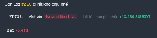 A Vietnamese-language cryptocurrency notification stating 'Con Loz #ZEC đi rất khó chịu nhé' showing ZEC has dropped 5.41%, with a short position of +10,469.36 USDT.