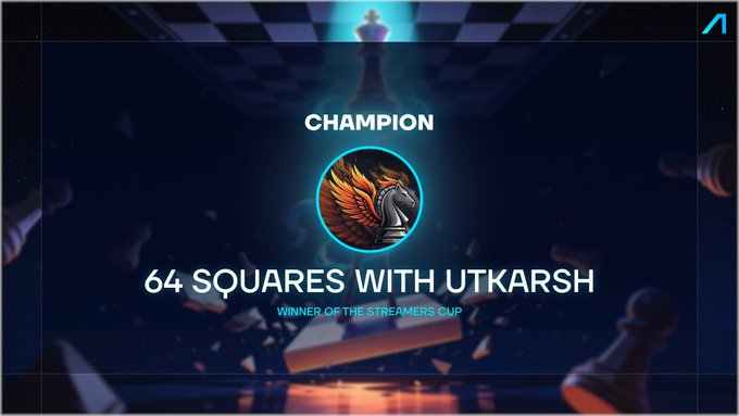 A celebratory graphic declaring "CHAMPION: 64 SQUARES WITH UTKARSH, WINNER OF THE STREAMER'S CUP," featuring a winged chess knight logo on a glowing chessboard background, paired with a post announcing the streamer's victory in Anichess.