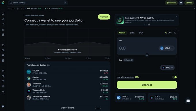 A screenshot of a cryptocurrency trading platform showing the Solana Portfolio Value (SOL $169.60, JUP $0.57673) with a prompt to connect a wallet, top tokens on Jupiter including STONK, Jupiter, Jeans Protocol, Wrapped SOL, and Justice for HeelHav, and a trading panel for selling USDC.