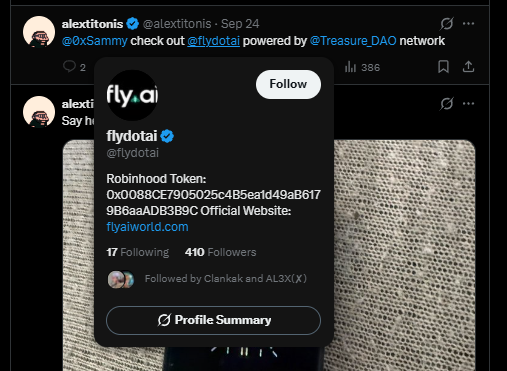A tweet from @alextitonis promotes "flydotal," an NFT collection powered by @Treasure_DAO, alongside a popup showing the flydotal Twitter profile with 17 following and 410 followers. The accompanying post highlights that the collection has minted out at a 2x markup from its mint price, referencing Treasure DAO's $3 million 2021 funding round.