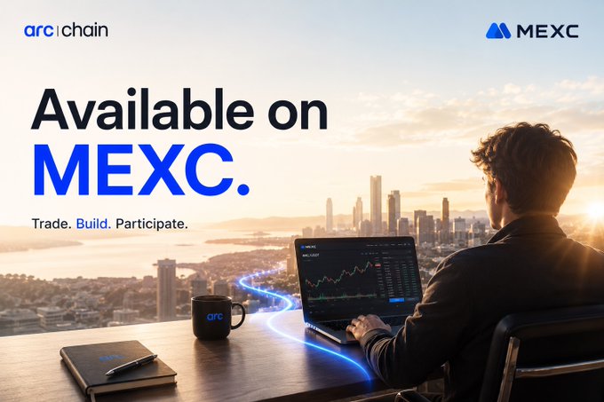 A promotional banner for Arc|chain stating 'Available on MEXC. Trade. Build. Participate.' featuring a person on a laptop overlooking a city skyline at sunset with the MEXC logo in the top right.