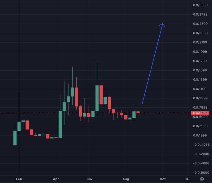 A candlestick chart of $WOJAK showing weekly price action from February through October, with a recent close around $0.6808 (highlighted by the red price label) and a hand-drawn blue arrow pointing sharply upward toward October, reflecting bullish sentiment despite the flat consolidation.