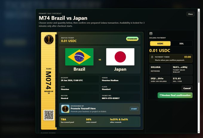 A digital ticket interface for "M74 Brazil vs Japan" priced at 0.01 USDC on the Solana network, showing match details (29 Jun 2026, Houston Stadium) with a "Promote Yourself Here" sponsorship section and Solana payment options, tying into the post's promotion of World Cup fan engagement via the $FANS token on Solana.
