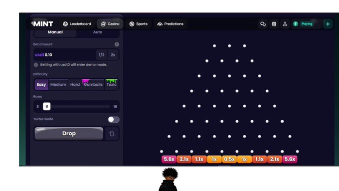 A Plinko game interface on PlayOnMint displays bet amount (USDT 0.10), difficulty levels ranging from Easy to Toxic, 8 rows, turbo mode, and a colorful multiplier board at the bottom with values from 0.5x to 5.6x. The post explains the simple yet engaging mechanics of dropping a ball through pegs to land on a multiplier, which is exactly what the interface shown allows players to do.