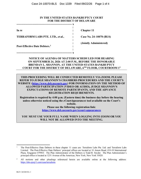 Legal notice from the United States Bankruptcy Court for the District of Delaware regarding Terraform Labs PTE. LTD., et al., Case No. 24-10070 (BLS), Chapter 11, scheduling a hearing before Judge Brendan L. Shannon.