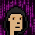 A pixel art avatar depicting a hooded figure with pale skin against a purple background covered in pixelated symbols or characters.