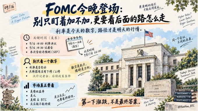 An illustrated infographic about the upcoming FOMC meeting dated 09/16, featuring the Federal Reserve building and key times like the interest rate decision at 14:00 and press conference at 14:30, by @HuoHuo_BTC.