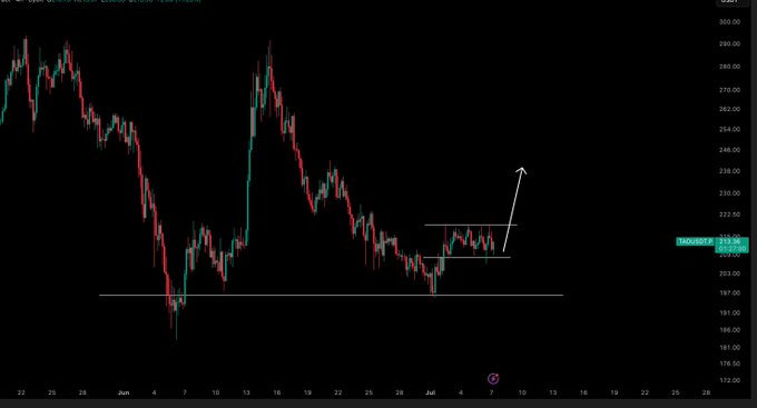 A candlestick price chart on a dark background showing a trading range with horizontal support/resistance lines and an upward white arrow, with the current price near $213.98 marked on the right axis.