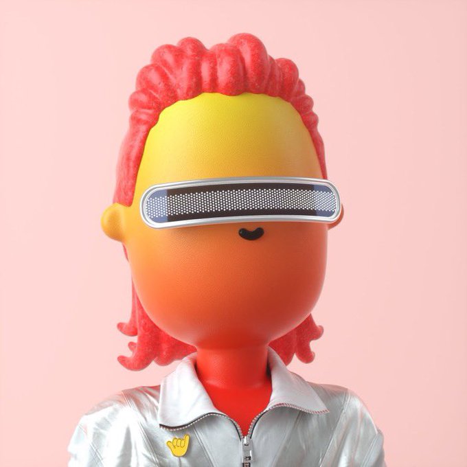 A 3D rendered character with red hair and a futuristic glowing visor against a pink background, wearing a white jacket with a small hand emoji pin.