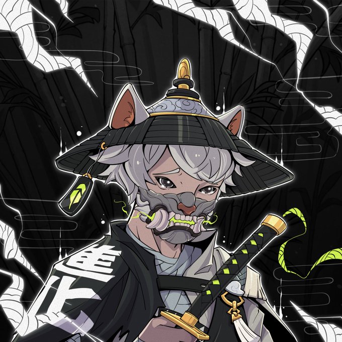 The image features an anime-style illustration of a character with animal-like ears, wearing a wide-brimmed hat and traditional Japanese clothing, gripping a sword with an intense expression—appearing to be artistic fan art tribute to the content creator @cashcatss as noted in the post.