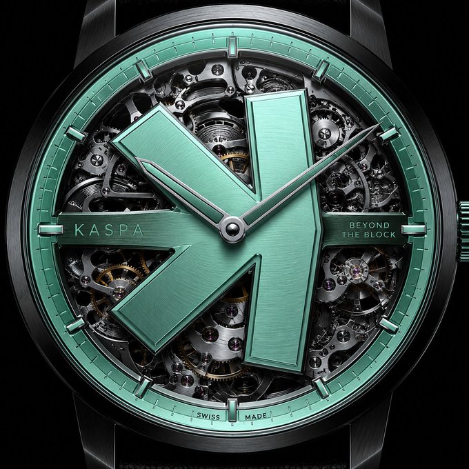A close-up of a luxury watch featuring an exposed mechanical movement with a prominent green "K" design on the dial, inscribed with "KASPA," "BEYOND THE BLOCK," and "SWISS MADE." The premium, timepiece aesthetic visually reinforces the post's message that Kaspa's moment of recognition and mainstream success is approaching through years of dedicated development.
