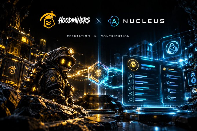 A futuristic promotional banner for a 'HOODMINERS x NUCLEUS' collaboration, showing a hooded miner character next to floating holographic user interface panels, with the tagline 'REPUTATION x CONTRIBUTION'.