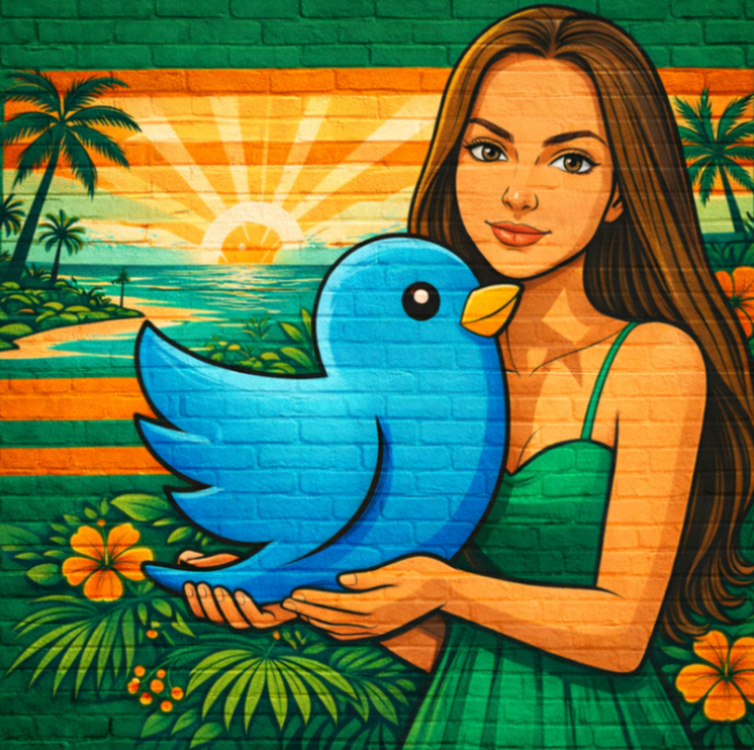 A vibrant tropical mural painted on a brick wall, depicting a young woman with long brown hair holding a large blue bird, set against a sunset beach scene with palm trees and orange flowers.
