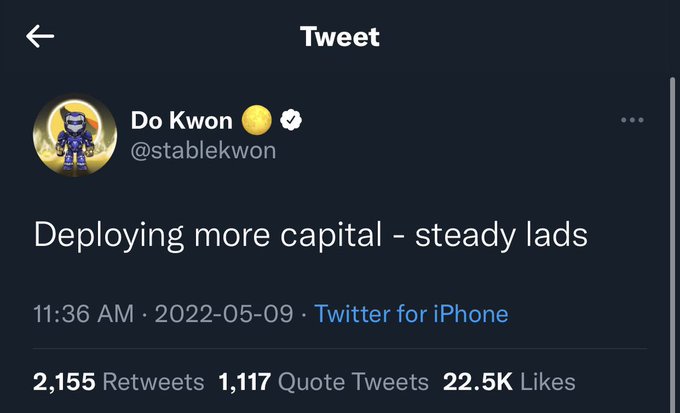 A screenshot of a tweet from Do Kwon (@stablekwon) reading "Deploying more capital - steady lads" dated 2022-05-09, with 22.5K likes.