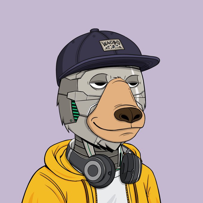 A cartoon illustration shows a robot-like dog character wearing a black cap with a 'WAGRO' patch, headphones around its neck, and a yellow hoodie against a lavender background.