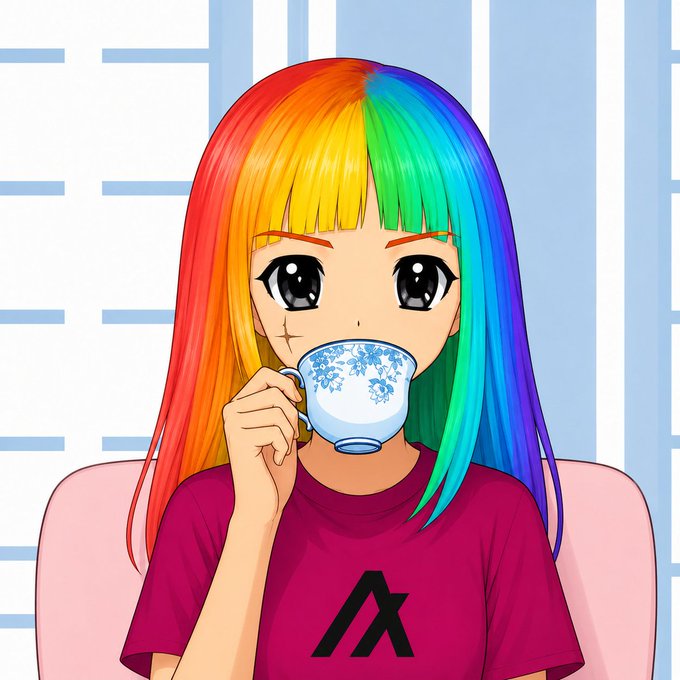 An anime-style illustration of a girl with rainbow-colored hair drinking from a floral teacup, wearing a maroon shirt with an 'AVAX' logo.