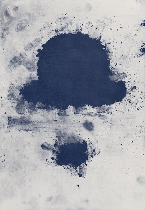 An abstract piece of art featuring a large dark blue ink blot at the top and a smaller one at the bottom on a textured, cloudy white and grey background.