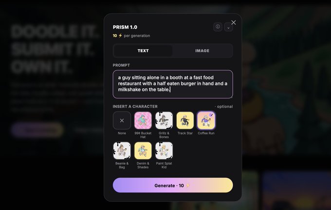 A 'PRISM 1.0' AI generation interface with a text prompt reading 'a guy sitting alone in a booth at a fast food restaurant with a half eaten burger in hand and a milkshake on the table,' along with character options and a 'Generate - 10' button.