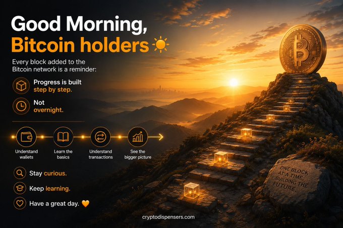 The image features an advertisement for Bitcoin holders that includes a mountain scene with a golden coin sitting atop one of its steps. The text above the coin reads "Good morning, Bitcoin holders", while below it there are instructions about Bitcoin mining and learning about Bitcoin networks.