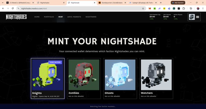 A screenshot of the Nightshades NFT minting page on nightshades.meebco.com displays "MINT YOUR NIGHTSHADE" with four faction options: Knights (opens Sep 14, 4:00 PM EDT), Zombies, Ghosts, and Watchers, each showing "Not on this allowlist" status, with a Live Faction Cap of $0.00 and 24h Volume of $0.00 visible in the header. The image relates to the post about preparing to mint the Nightshades NFT from the MeebitCompany ecosystem.