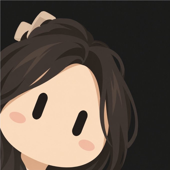 A close-up illustration of a cute cartoon girl's face with dark brown hair, a beige bow, small black oval eyes, and pink blush marks on her cheeks.