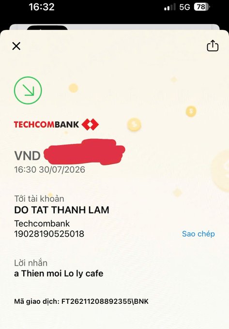 A screenshot of a Techcombank (BNK) transfer confirmation showing a successful VND transaction to account holder "DO TAT THANH LAM" with the message "a Thien moi Lo ly cafe" — representing the first donation the user received on X, as mentioned in the accompanying post thanking @0xThien.