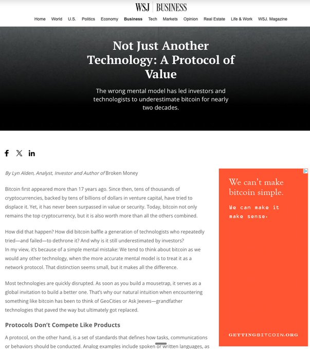 This WSJ Business article by Lyn Alden, titled "Not Just Another Technology: A Protocol of Value," argues that bitcoin should be understood as a network protocol rather than a traditional technology, featuring a sidebar promoting GettingBitcoin.org—the educational campaign website referenced in the post.