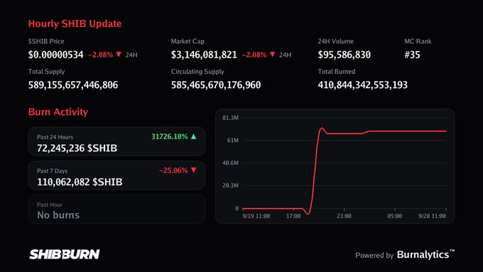 A dashboard from 'SHIBBURN' (powered by Burnalytics) showing 'Hourly SHIB Update' with stats including $SHIB Price at $0.0000534, Market Cap of $3,146,081,821, and a Burn Activity graph showing past 24 hours burns of 72,245,236 $SHIB.