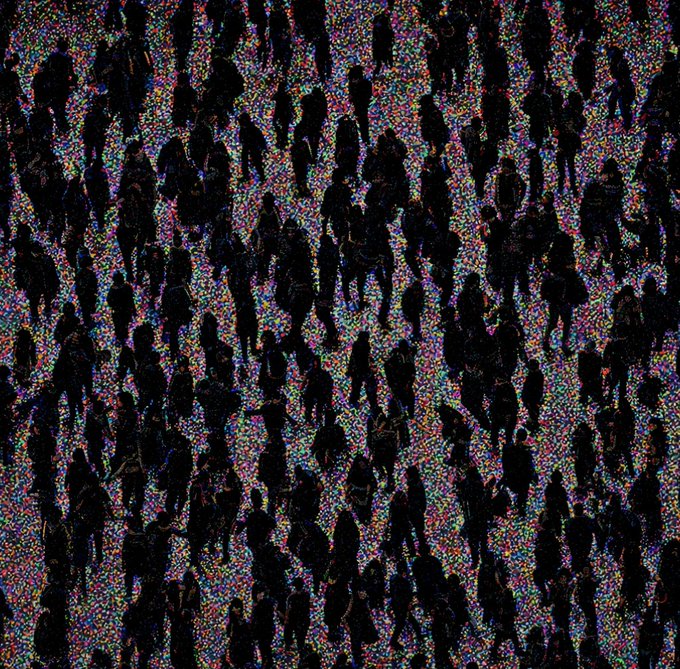 A dense, abstract composition featuring dark silhouetted figures scattered across a vibrant, multicolored stippled background.