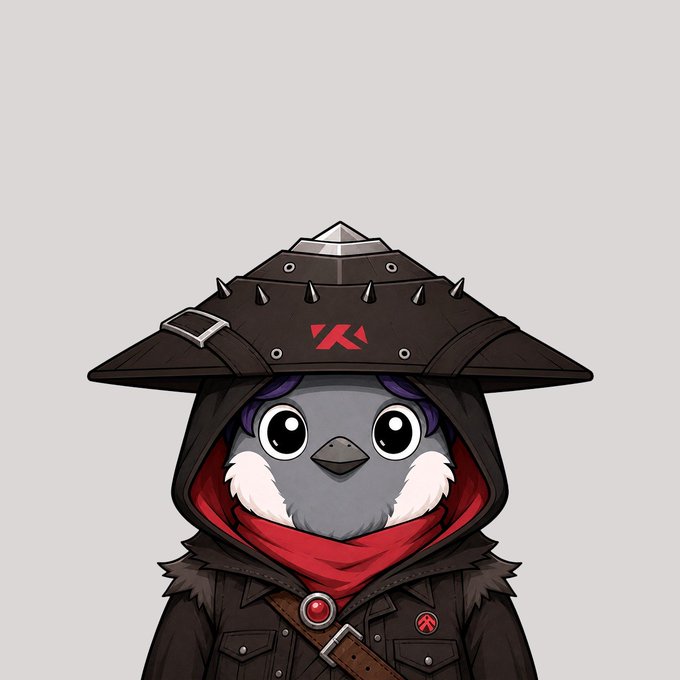 A cute cartoon bird character wearing a dark hooded outfit with a wide-brimmed spiked hat and red scarf features a red "R" logo, fitting the post's tribute to the @therobinhoodxyz 1/1 NFT. The character's design, with its "R" emblem, appears to be a stylized mascot for the Robinhood NFT collection being celebrated.