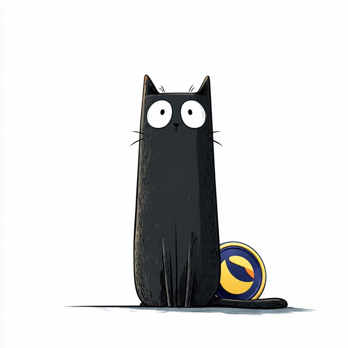 A cartoon illustration of a tall, slender black cat with wide eyes sitting next to a blue and yellow ball against a white background.