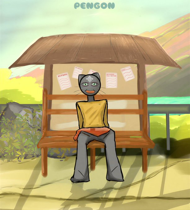 An illustration labeled 'PENGON' depicting a cat-like character with an orange shirt sitting on a wooden bench in a gazebo with notices posted behind.