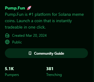 Screenshot of the Pump.Fun platform profile page, stating 'Pump.Fun is #1 platform for Solana meme coins,' created Mar 20, 2024, with 5.1K Pumpers and 381 Trenching.