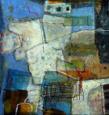 An abstract mixed-media painting featuring textured layers of blue, cream, and earth tones with geometric shapes, line work, and small pops of red.